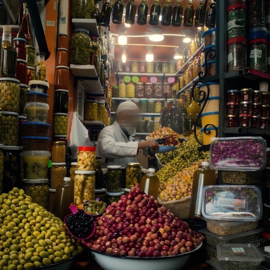 Un marchand d'olives et de conserves